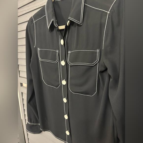 Express Black Button Down with White Topstitch Accents, Oversized Buttons XS - Picture 3 of 4